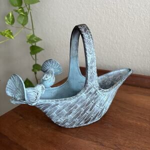 Vintage Bronze Metal Basket Weave Bird Planter Vase Catchall Bowl Ethan Allen
